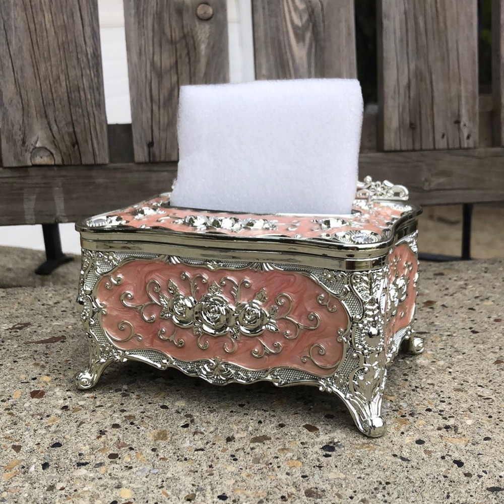 Ornate Plastic Pink Marble Rose Tissue Box Cover with Silver Detailing